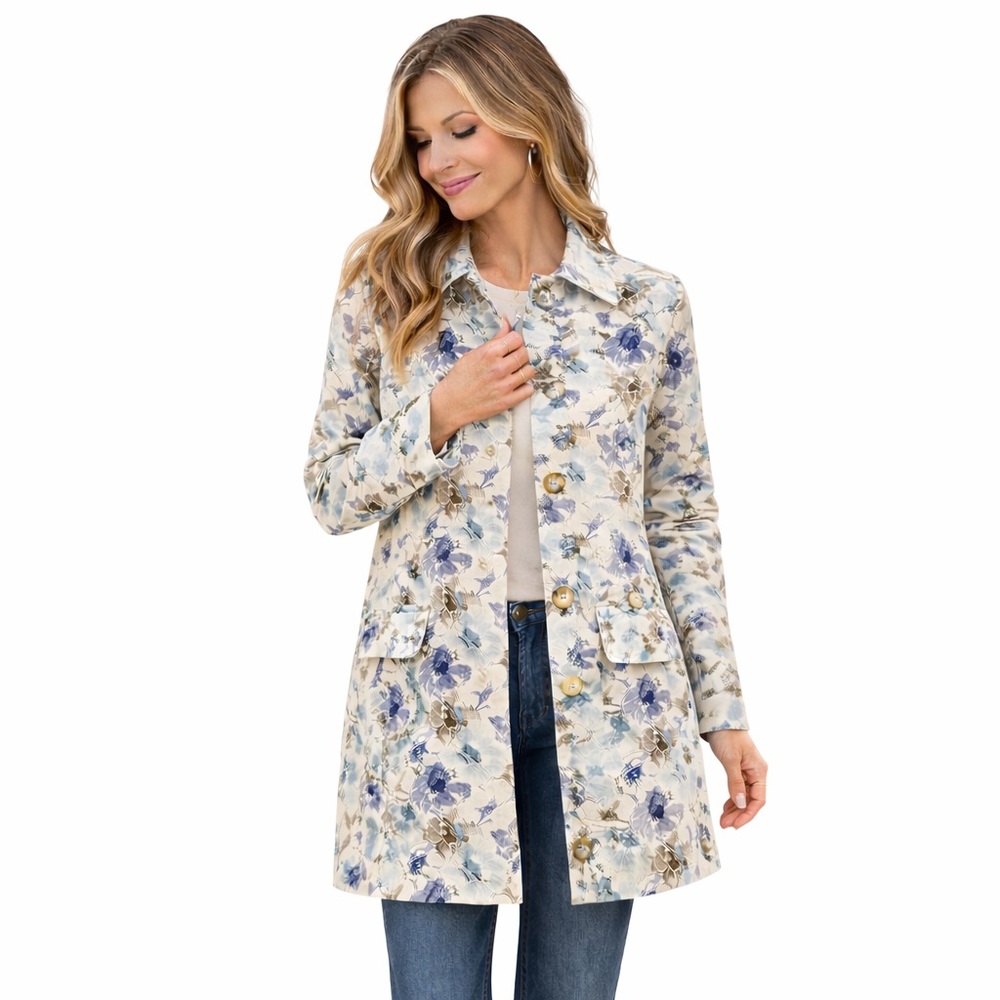 Old Navy Blue Floral Trench Coat Women’s Large – Vintage Y2K Spring Jacket